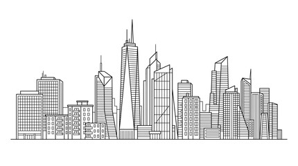Fototapeta premium Modern City Skyline Vector with High-Rise Skyscrapers Line Art Illustration