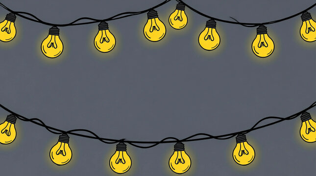 String of glowing yellow light bulbs hanging in a festive string against a dark background