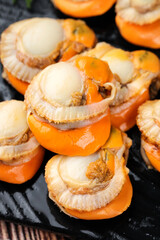 Fresh Qingdao Scallops Shucked Yellow Shells White Meat Seafood Cooking Preparation © DangThi