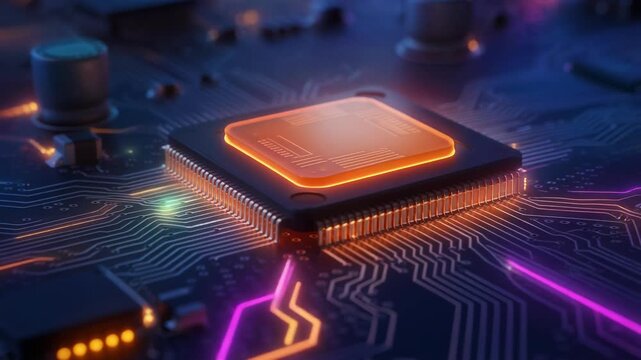 Close up of glowing computer microchip with vibrant neon circuit board connections