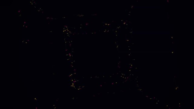 Glowing golden particles form a rotating geometric cube structure floating in dark vast outer space
