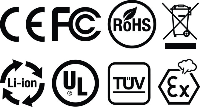 Set of vector certification illustration icons collection. ce, fcc, rohs, li-ion, ul, tuv, and ex marks for electronic device safety compliance.