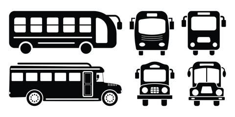 School bus on a white background. Vehicle icons set view from the side, front. Black school bus vector icons. © U-Iconic