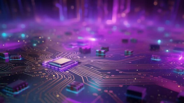 Close up of glowing microchip on futuristic digital circuit board with vibrant neon lights