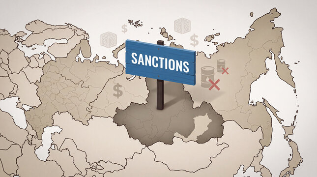 Map of Ukraine with Sanctions sign. Geopolitical conflict and economic restrictions concept.