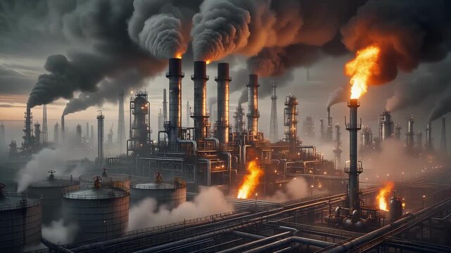 Industrial oil refinery with large storage tanks and smoke stacks emitting smoke and flames pollution at dusk