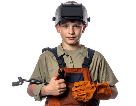 Young welder with tool.