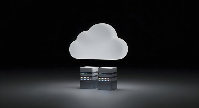 A 3D illustration of a glowing white cloud suspended above two stylized server racks on a dark reflective surface representing cloud computing technology.