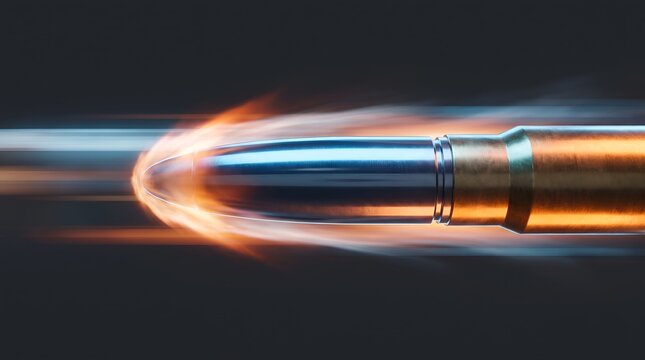 High-speed metal bullet flying with fiery orange and blue light trails through a dark background