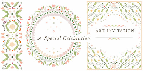 soft pastel floral invitation cards with watercolor design wreath colors wedding invitations event invites celebration hand drawn flowers botanical illustrations greeting party patterns © Tapas
