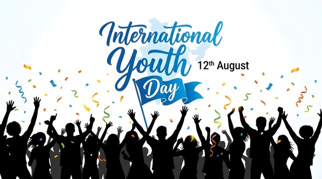 International Youth Day August 12th Crowd Silhouettes Celebration Unity Freedom Joy Festive Confetti Poster