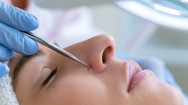 Skincare specialist using a comedone extractor around a pore on a client's nose. Concept of blackhead extraction.