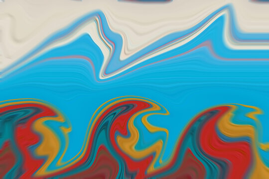 Abstract liquid flame background with turquoise blue, red, and mustard yellow waves.