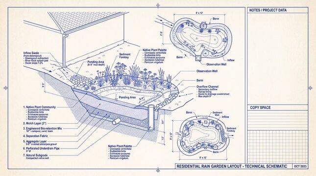 Residential rain garden layout technical schematic with planting cross section drainage layers and berm notes in blue ink on cream blueprint paper.