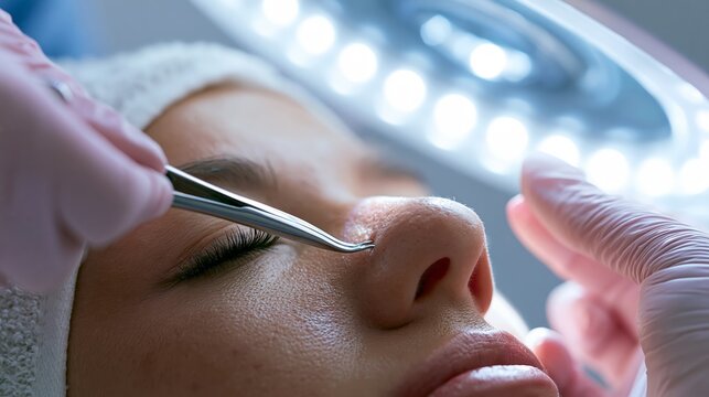 Skincare specialist using a comedone extractor around a pore on a client's nose. Concept of blackhead extraction.