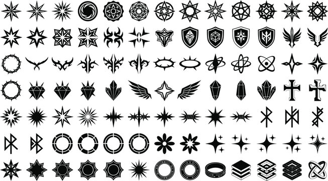 Tattoo tribal vector silhouette and outline icon set, with gothic wings fire flames badgesTattoo tribal vector silhouette and outline icon set, with gothic wings fire flames badges
