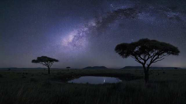 Night sky with stunning Milky Way over African savannah landscape with acacia trees and waterhole