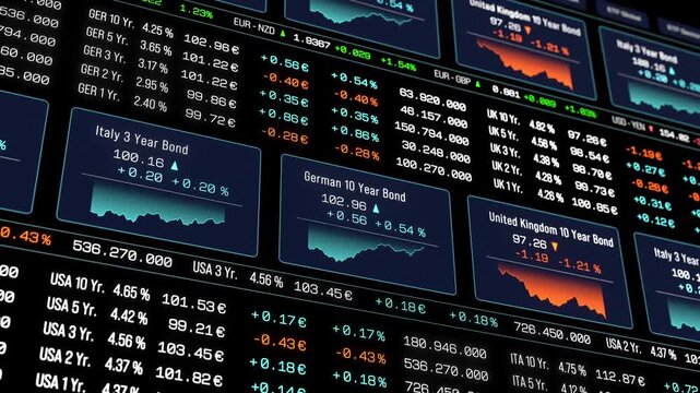 Global bond market trading screen, interest rates, charts, prices moving up and down, stock market theme. Financial market, yield, debt financing, treasury bond, coupon, central bank rate.