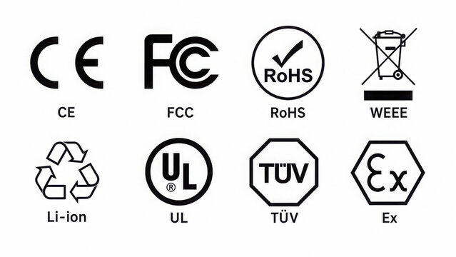 Set of common certification and compliance symbols including CE FC RoHS UL TUV and Ex.