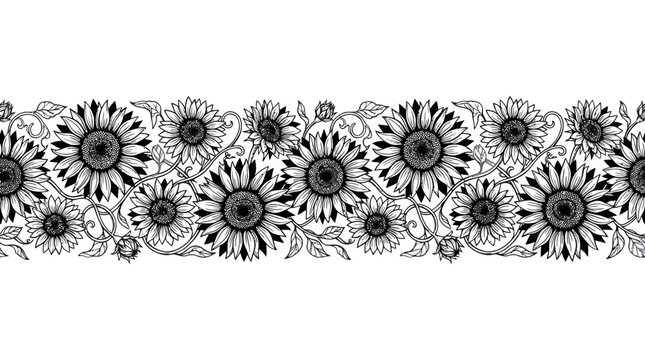Hand drawn seamless border with sunflowers and decorative floral vines
