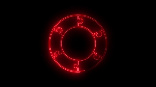 Glowing red puzzle circle diagram. Five piece jigsaw infographic for business strategy.
