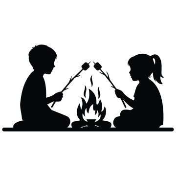 Children roasting marshmallows over campfire vector silhouette illustration for camping.