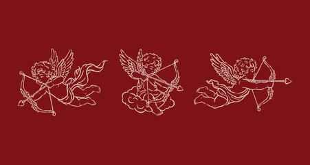 Fototapeta premium Hand drawn one line vector cupid angels. vintage cherub sketches for romantic Valentine decor design. Elegant angels aiming their bows. Premium outline bundle for aesthetic wedding invitations.