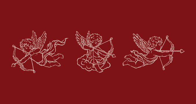 Hand drawn one line vector cupid angels. vintage cherub sketches for romantic Valentine decor design. Elegant angels aiming their bows. Premium outline bundle for aesthetic wedding invitations.