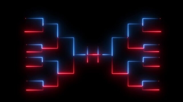Neon tournament bracket on black background. Glowing sports competition chart for playoffs.