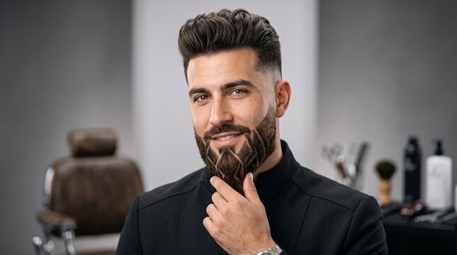 Man touching his beard while smiling in a modern barbershop  