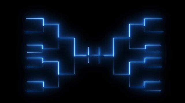 Neon blue tournament bracket on black background. Digital sports competition knockout chart.