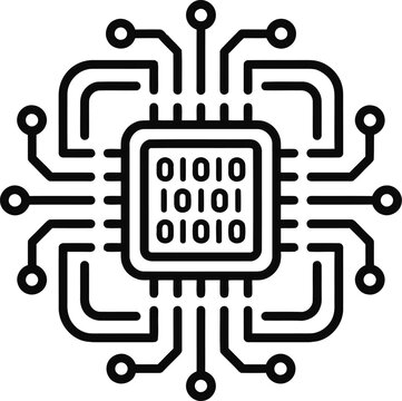 Digital microprocessor chip icon with binary code lines.