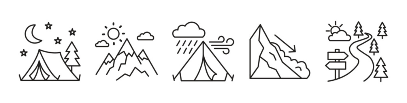 Outdoor camping and mountain adventure line icon set, nature trail, tent, weather and landslide risk vector
