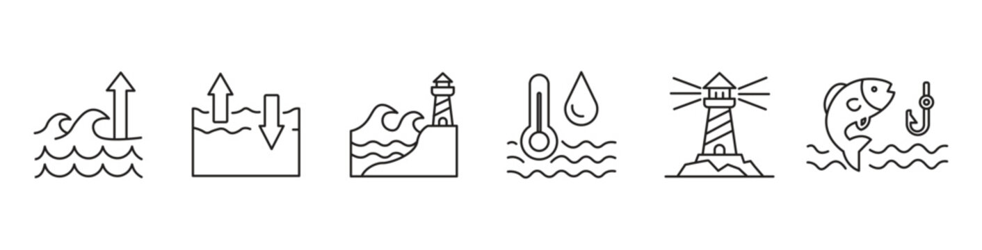 Ocean water and navigation line icon set, sea waves, tide level, lighthouse, water temperature and fishing vector