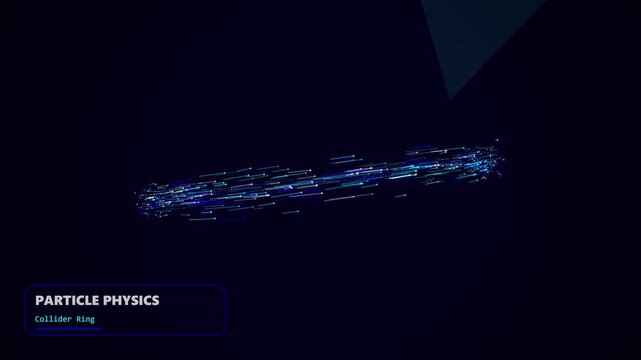 Glowing particle physics collider ring with high speed blue light streaks orbiting in dark space environment