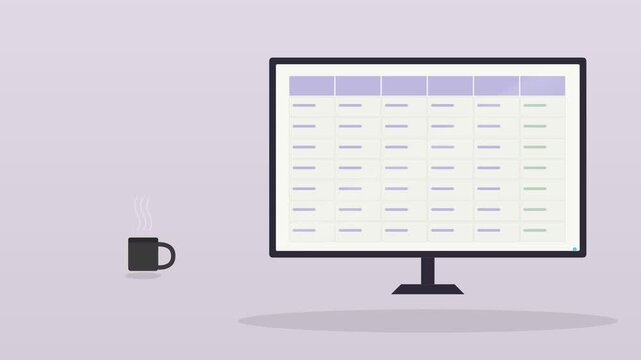 desktop computer monitor showing a spreadsheet with a coffee cup on a warm desk, lilac tone