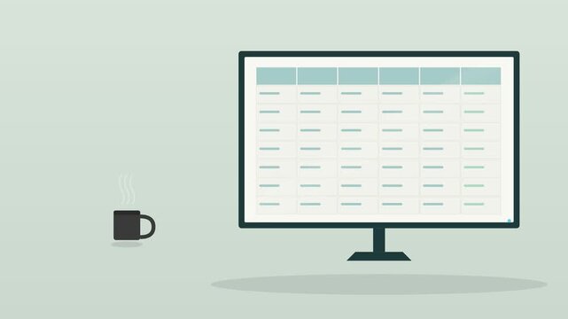desktop computer monitor showing a spreadsheet with a coffee cup on a warm desk, mint tone