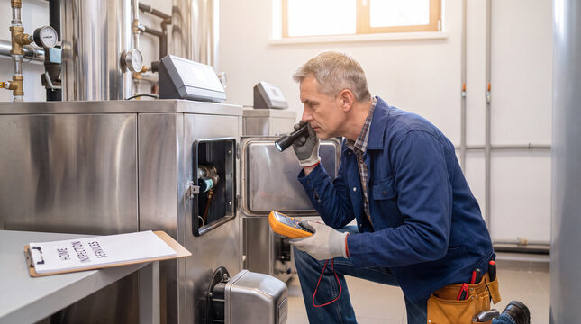 Professional technician inspecting boiler. Heating system repairman checking industrial furnace.