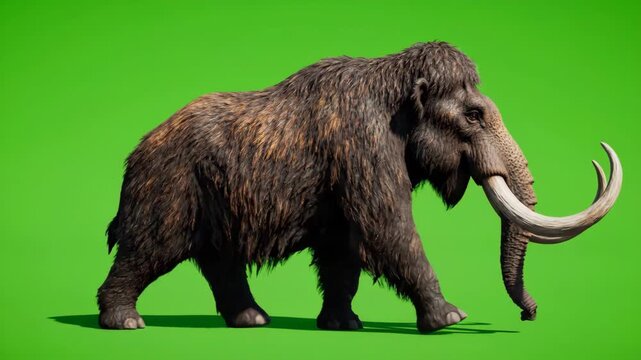 Realistic woolly mammoth walking slowly across a bright green screen background with trunk movements and swaying fur