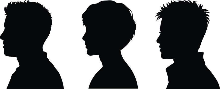 Male Side Profile Silhouette Collection with Different Hairstyles Isolated Black Head Vector Illustration Set