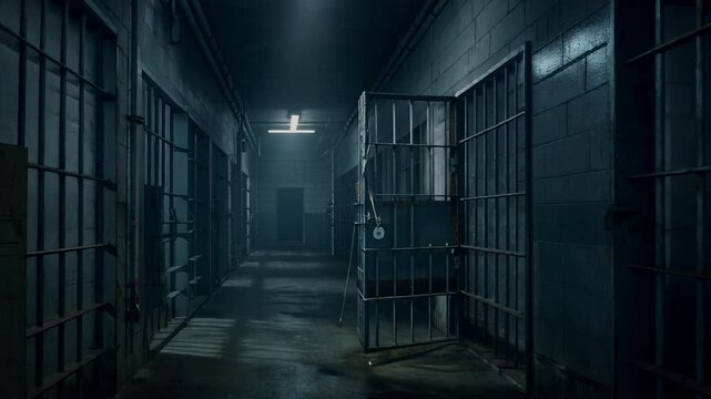 Dark empty prison corridor with open metal jail cells and moody lighting inside correctional facility