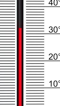 Thermometer showing a sharp rise in temperature, weather, summer heat. Temperatures above 30 degrees, climate change, extreme temperatures, dry conditions, drought, dehydration.