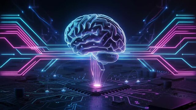 Futuristic digital brain with neon circuits illustrating artificial intelligence and advanced technology concept