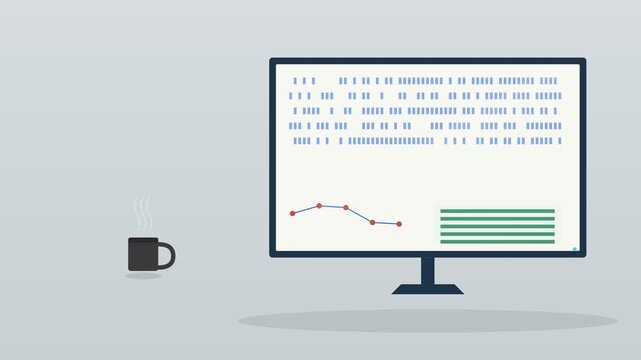 desktop computer monitor showing data rows and a line chart with a coffee cup on a warm desk, cool blue tone