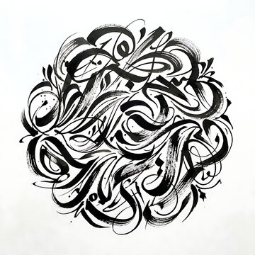 Abstract Black Ink Calligraphy Circular Mandala Shape Hand-Drawn Isolated on White Background