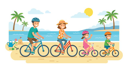 Fototapeta premium A happy family of four is enjoying a sunny day by riding their bicycles along a beautiful tropical beach with palm trees and a blue ocean.