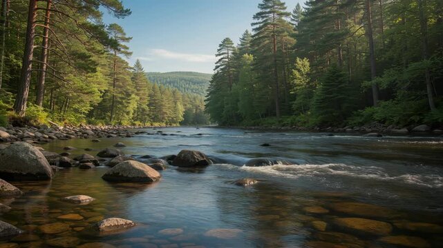 Calm forest river flowing through lush green trees and smooth rocks under blue sky scenery