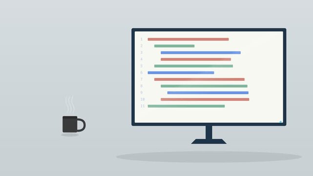 desktop computer monitor showing lines of code with a coffee cup on a warm desk, cool blue tone