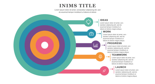 Concentric circle chart infographic template showcasing five colorful layered target rings extending into horizontal text lanes for structured business reporting