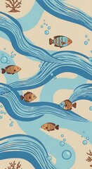 Colorful Cartoon Fish Swimming Among Blue Waves in Abstract Underwater Pattern